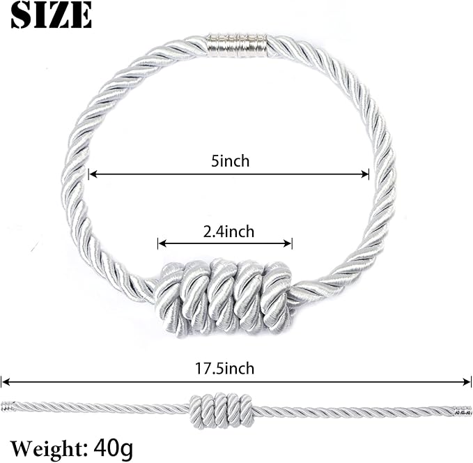 BEL AVENIR Magnetic Curtain Tiebacks, Decorative Drapery Holdbacks Modern Woven Tie-Backs with Exquisite Knot (Sliver, 2 Pack)