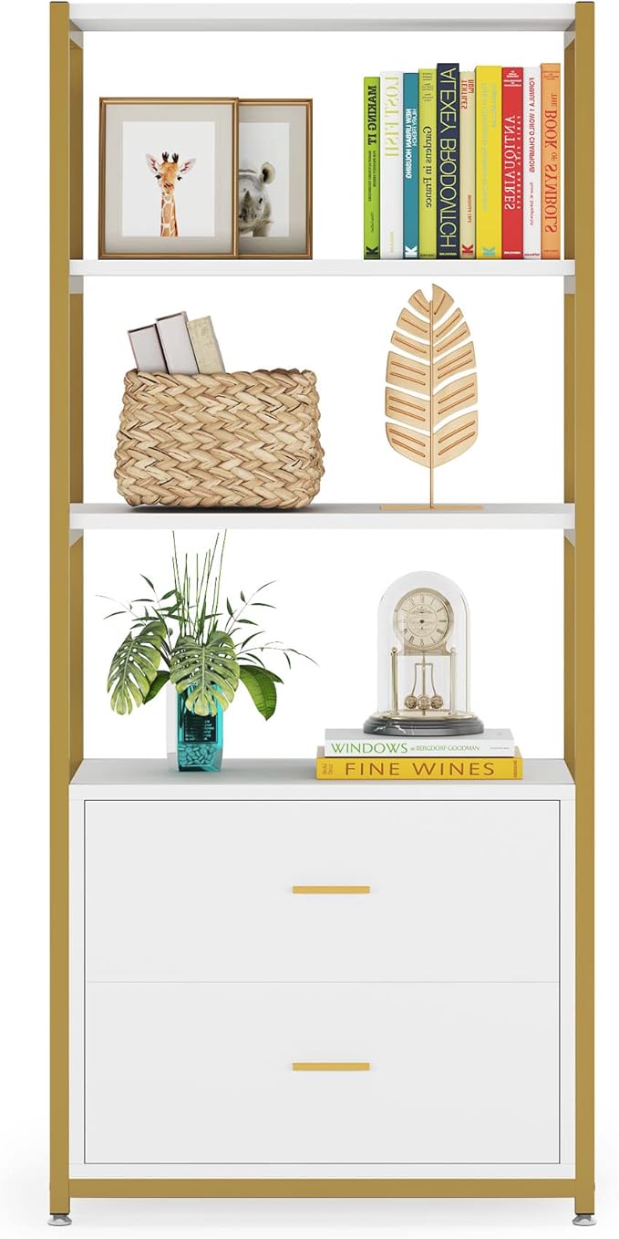 Tribesigns Bookcase, 4-Tier Bookshelf with 2 Drawers, Etagere Standard Book Shelves Display Shelf for Home Office (Gold/White)