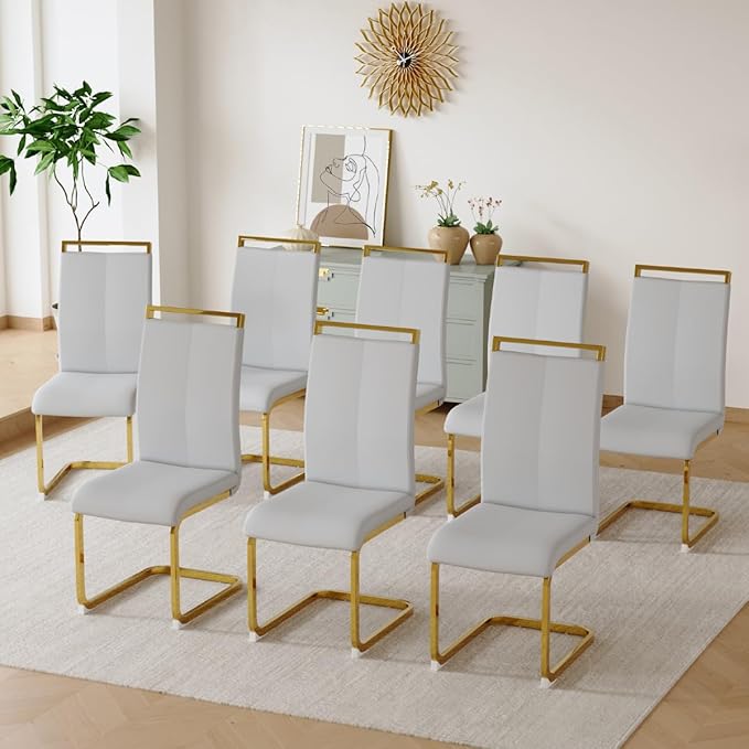 Dining Chairs Set of 8, Faux Leather with Plated Chrome Metal Frame, Modern Kitchen Chairs with Padded Seat High Back for Dining Room, Kitchen, Living Room