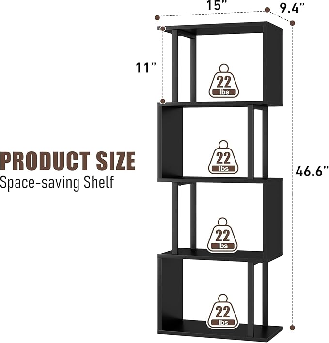 Gadroad 4-Tier Bookshelf, Narrow S-Shaped Geometric Bookcase, Wood Decorative Storage Shelving, Modern Freestanding Display Shelves, Book Shelf Unit for Living Room Bedroom Home Office, Black