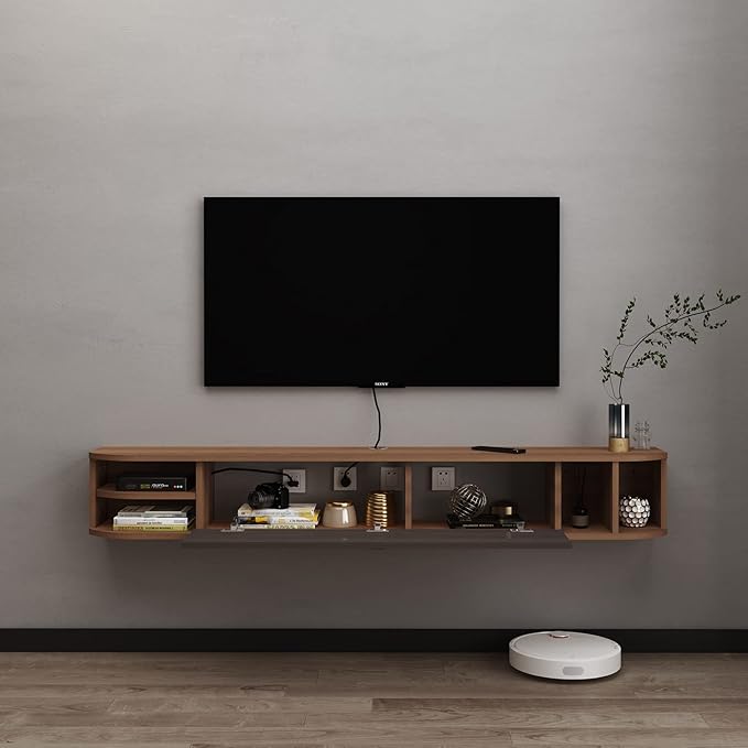 Pmnianhua Modern TV Console, 47'' Wall Mounted Under TV Shelf with Storage Shelves for Bedroom Living Room (Walnut)