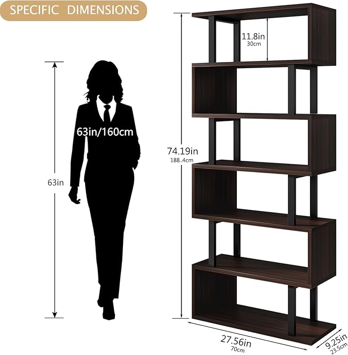 SORCEDAS Bookshelf Geometric Bookcase S Shaped Industrial Bookshelf Storage Display Stand Shelf for Living Room Bedroom and Office Room (Black, 6 Tier)