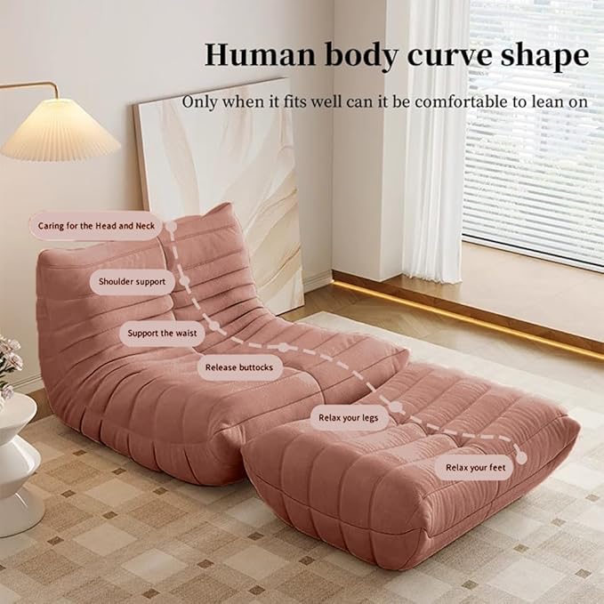 Bean Bag Chair - Memory Foam Bean Bag Chair for Adults, Comfy High-Resilience Single Sofa, Small Space Floor Chair, Chaise Lounge for Living Room, Bedroom (Pink, Wrinkles+Ottoman)