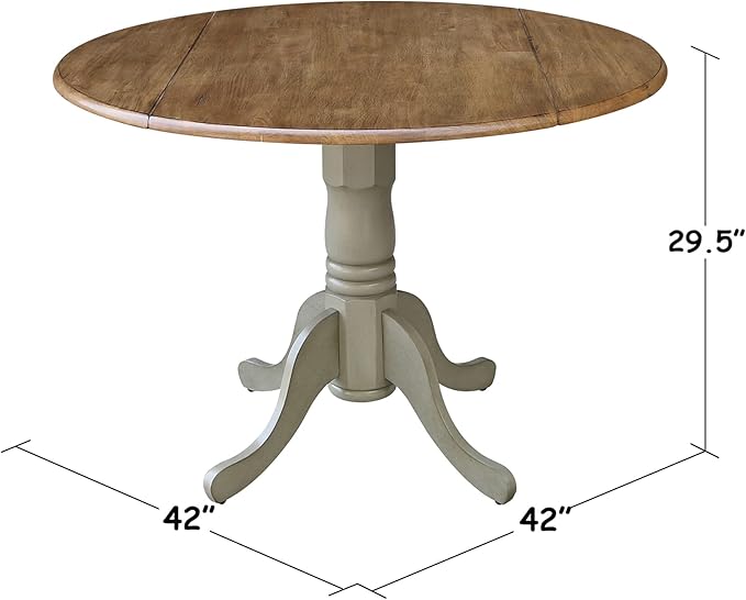 IC International Concepts, 42" Round Dual Drop Leaf Pedestal Dining Table, Solid Real Wood, Sturdy Parawood, Distressed Hickory/Stone