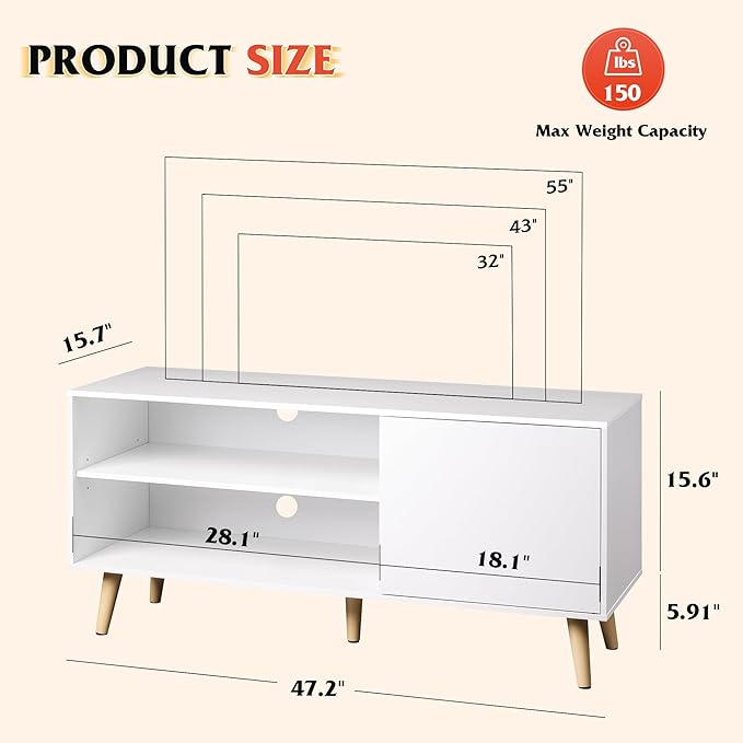 WLIVE TV Stand for 55 Inch TVs, Entertainment Center with Storage Cabinet, Mid-Century TV Stands for Living Room and Bedroom, 50" TV Console, White