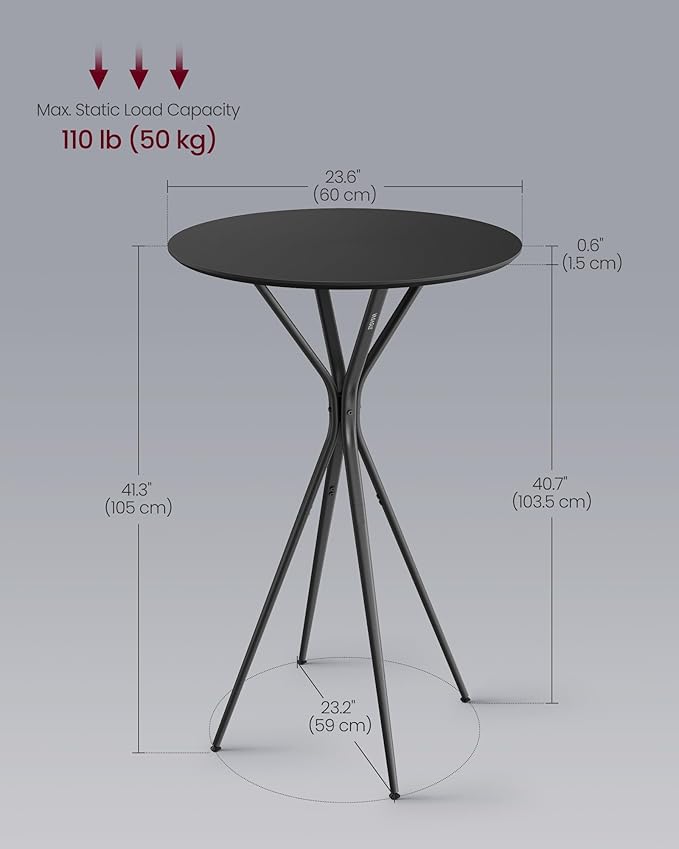 VASAGLE Bar Table, Round Cocktail High Top Pub Bistro Table for Events Party, Kitchen Dining, Home Bar, 23.6 x 23.6 x 41.3 Inches, Sturdy Metal Frame, Modern Style, Easy to Assemble, Black