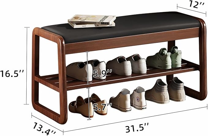 Wooden Shoe Storage Bench with Padded Top Cushion, Two-Tier Wooden Shoe Rack, Suitable for Bedrooms and Living Rooms, Black Walnut(31.5'')