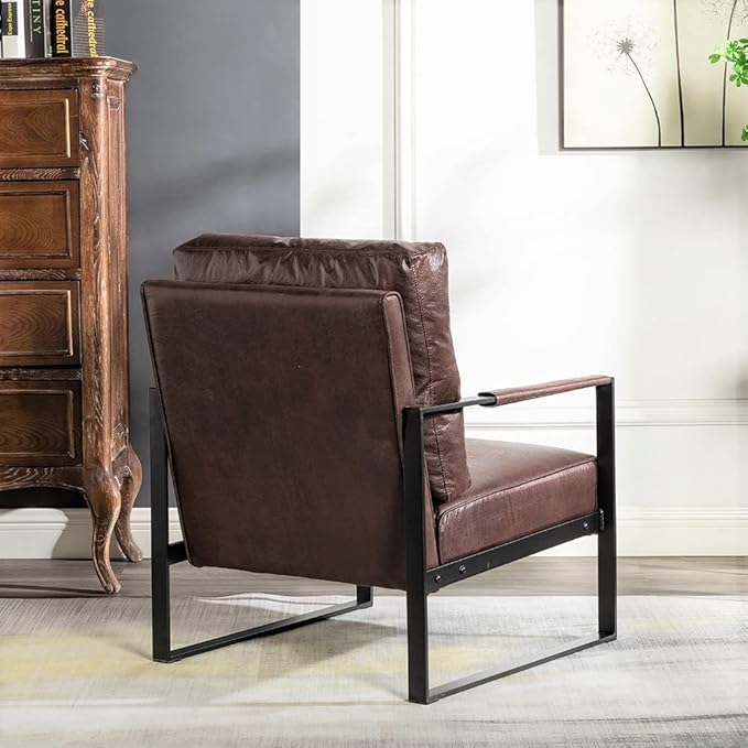 Container Furniture Classic Mid Century Modern Accent Chair with Durable Square Metal Frame, Armchair for Living Room, Bedroom, Home Office in Spotted Microfiber Upholstery, Dark Brown