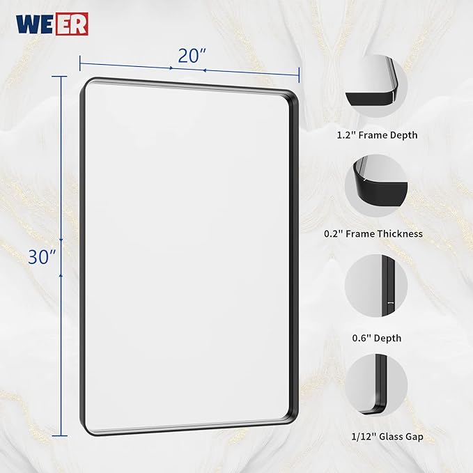 WEER Black Bathroom Mirror for Wall 20X30 Inch, Rectangular Black Metal Framed Vanity Mirror, Farmhouse Bathroom Mirror with Tempered Glass, Rounded Corner, Anti-Rust (Horizontal/Vertical)