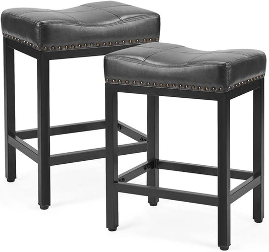 Counter Stools Set of 2 Upholstered Counter Height Bar Stools with Padded Seats and Metal Base, Leather Saddle Stool for Modern Kitchen Island, 22.4-Inch, Black