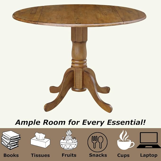 42" Round Dual Drop Leaf Pedestal Dining Table Solid Wood, Easy Assembly, Sturdy Parawood, Kitchen/Dining Room, 29.5"H x 42"W x 42"D, 20mm Thickness Top, Includes Two 9" Drop Leaves