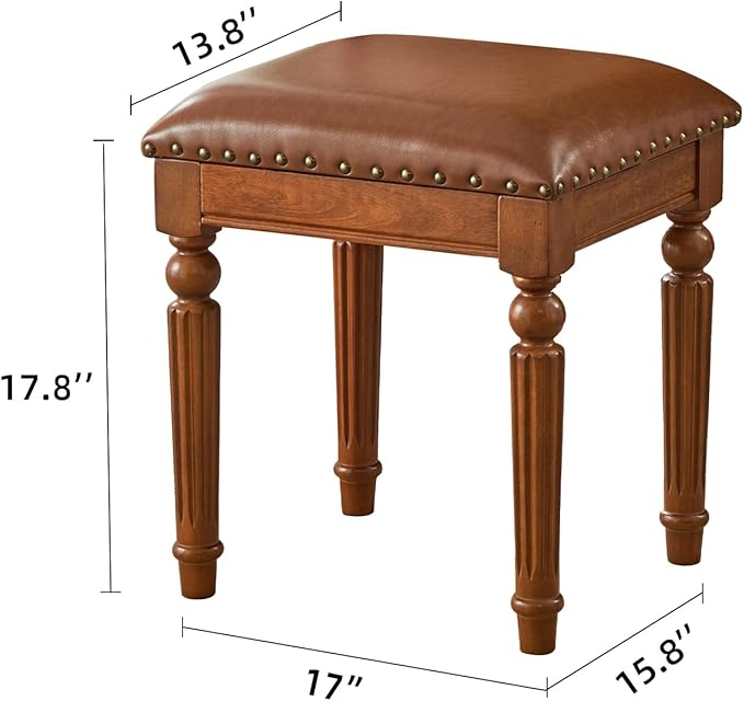 Vanity Bench Stool with Microfiber Leather Cushion, Vanity Chair Ottoman Dressing Stool with Solid Wood Legs for Bedroom, Makeup Room, Dressing Room (Flat Brown)