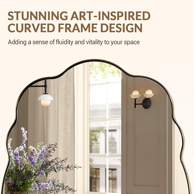 ANDY STAR Oval Bathroom Mirror, 24x36 Inch Scalloped Wall Mirror, Modern Brushed Gold Wavy Mirror, Anti-Rust Brass Metal Mirror for Bathroom Hang Vertical or Horizontal