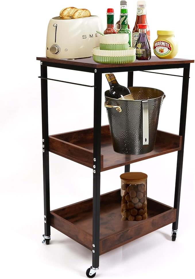 3-Tier Rolling Utility Cart with Table Top- Wooden Utility Cart wit Wheels- Kitchen Storage Microwave Table Stand, Mesh Shelves, for Living and Kitchen Room Office (Brown)