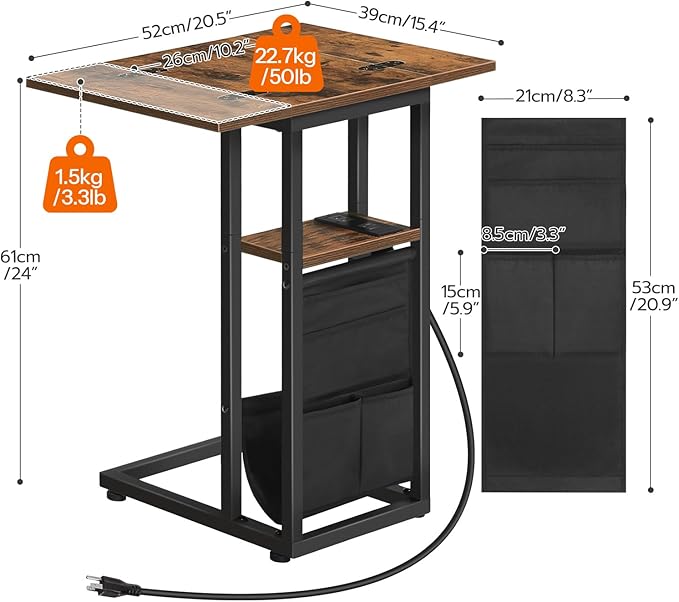 HOOBRO Foldable End Table with Charging Station, C Shaped Side Table with Storage Bag, Slide Under Sofa Couch Table for Small Spaces in Living Room, Bedroom, Easy Assembly, Rustic Brown BF101USF01