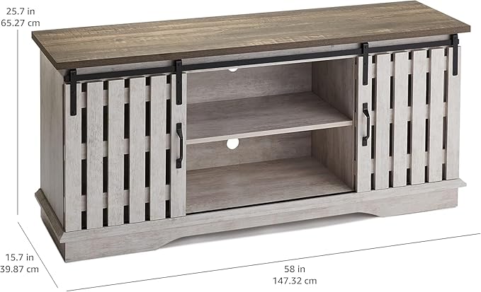 ROCKPOINT Modern Farmhouse Sliding Fence Door Stand for TVs up to 65 Inches, 58inch, White Wash