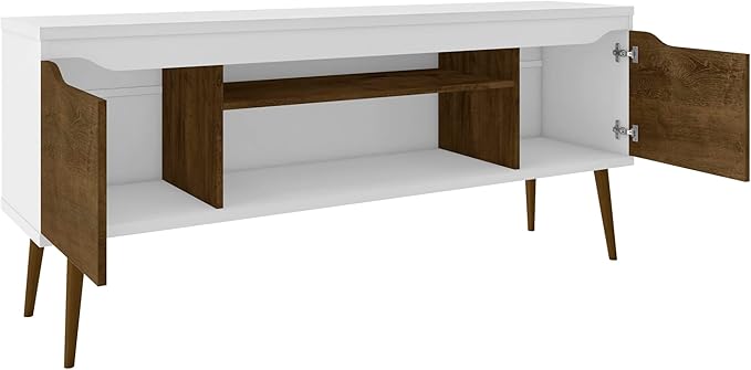 Manhattan Comfort Bradley Mid Century Modern TV Stand for Televisions up to 60 Inches, Living Room Entertainment Center with Storage, Media Shelves and Soft Close Doors, White/Rustic Brown