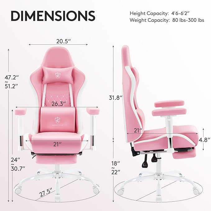 Gaming Chair,Computer Office Chair with Footrest,Massage Lumbar Support and Gel Pad,Ergonomic Reclining Leather Gamer Chair with Headrest,Adjustable Armrests and Spring Cushion Pink