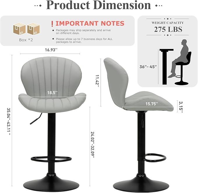COLAMY Bar Stools Set of 4, Modern Swivel Bar Chairs, Adjustable Faux Leather Upholstered Barstools Counter Height with High Backrest for Bar, Kitchen Island, Dining Room, Grey