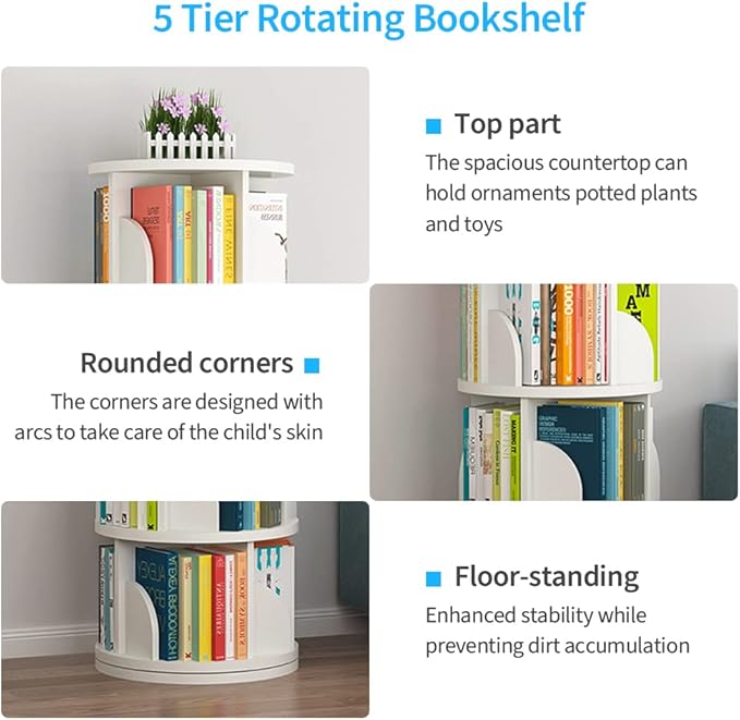 Nisorpa 5 Tier Rotating Bookshelf, 360° Revolving Bookcase Rotating Stackable Shelves Floor-Standing Storage Display Rack Used in Bedrooms Living Rooms Study Office (63"x18"x18")