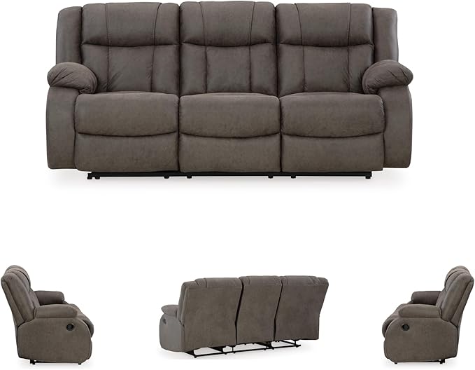 Signature Design by Ashley First Base Contemporary Faux Leather Manual Reclining Sofa, Gray