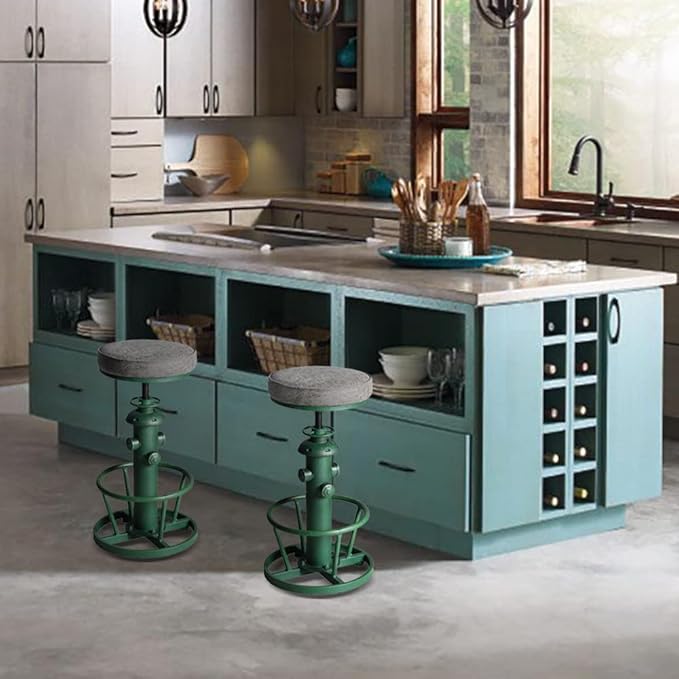 Topower Antique Industrial Round Bottom Adjustable Height Cafe Coffee Retro Vintage Stylish Water Pipe Design Pub Kitchen Bar Stool (Antique Green, PU Leather Top)