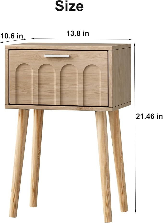 Nightstand Set of 2, Small Bed Side Table with Arch Door, Mid-Century End Table with Wood Legs for Bedroom, Small Space (Natural)