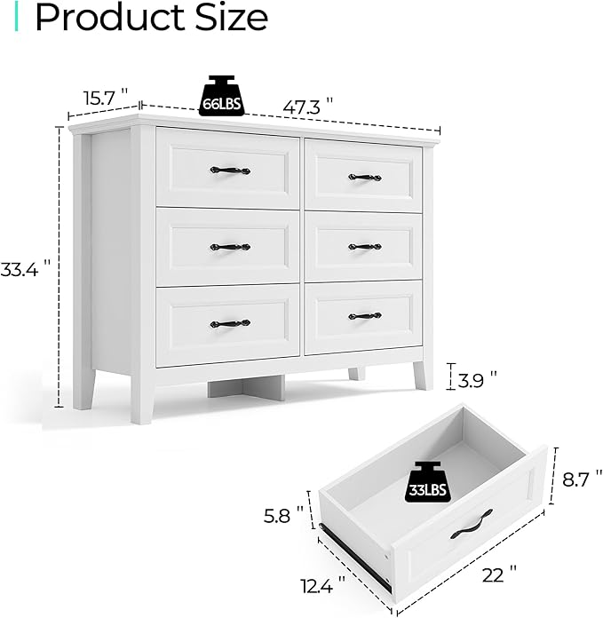 LINSY HOME 6 Drawers Dresser for Bedroom, 47" Wide Wooden Storage Chest with Antique Handles, Modern Farmhouse Dresser TV Stand with Wood Legs for Closet, Living Room, Hallway, White