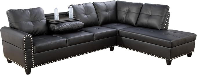L Shaped Sectional Sofa with Ottoman, Nail-Head Design Leather Right Facing Modern Couches with Cup Holder for Living Room, Bedroom, Office, Black Leather