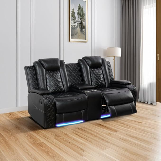 Electric Power Recliner Loveseat Set Living Room Furniture, Comfy Home Theater Breathing Leather Seating with USB 2.0 Charging Ports, LED Light Strips, Mid Console and Cupholders (Black)
