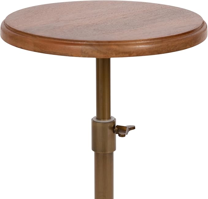 Kate and Laurel Engles Modern Adjustable-Height Pedestal Drink Table; 10 x 10 x 30; Walnut Brown and Brass; Mid-Century Round Indoor Metal Plant Stand with Solid Wood Tabletop