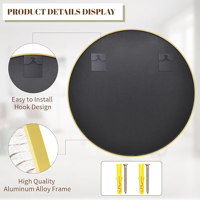 BEAUTYPEAK 32 Inch Round Mirror, Metal Frame Circle Mirror, Wall Mounted for Entryway, Bathroom, Vanity, Living Room, Gold
