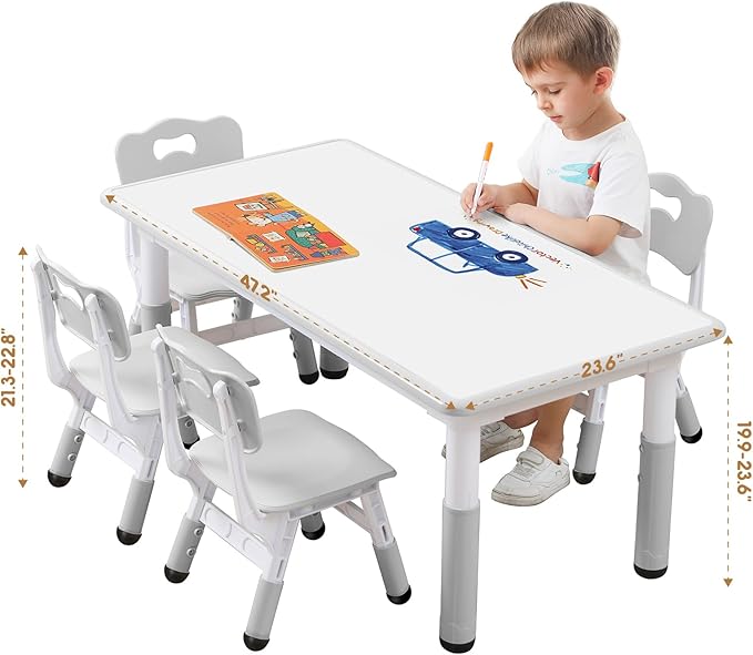 Kids Table and Chair Set, Snow Grey, Upgraded Plastic, 47.2x28.0 inches, Adjustable Height, Whiteboard Style, Includes 12 Color Pens