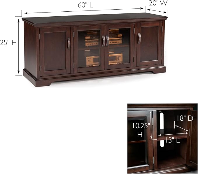 Leick Home 81360 Iverson Three Door TV Stand for 65 Inch TVs, 60 Inch, Chocolate Cherry Brown, Hardwood with Bronze Glass, Adjustable Shelves, Wood Entertainment Console