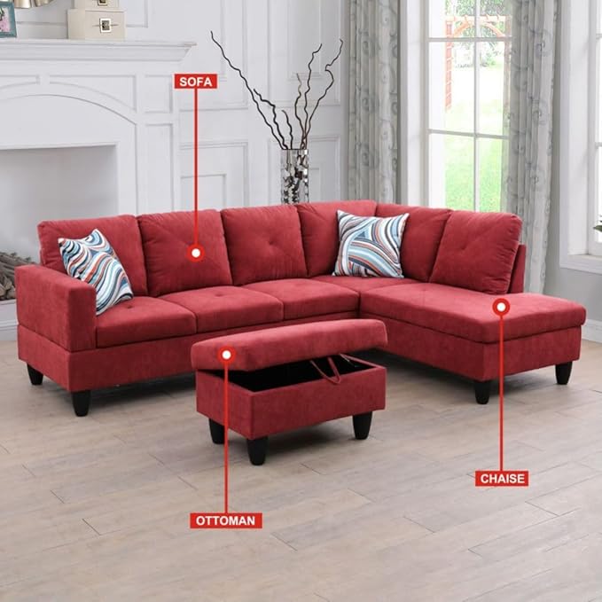 Red L-Shaped 3-Piece Flannelette Sofa with Storage Ottoman Set, Sectional Couch Sofa Set for Living Room, Office, Small Space