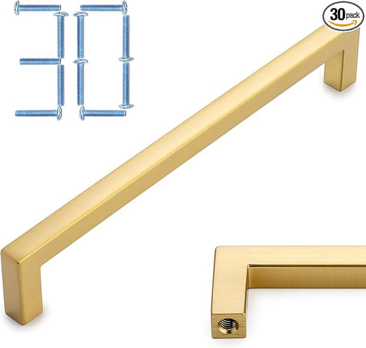 KOOFIZO 30-Pack Solid Square Bar Cabinet Handle - Brushed Gold Furniture Pull, 6.3 Inch/160mm Screwhole Distance for Kitchen Cupboard Door, Bedroom Dresser Drawer, Bathroom Wardrobe Hardware