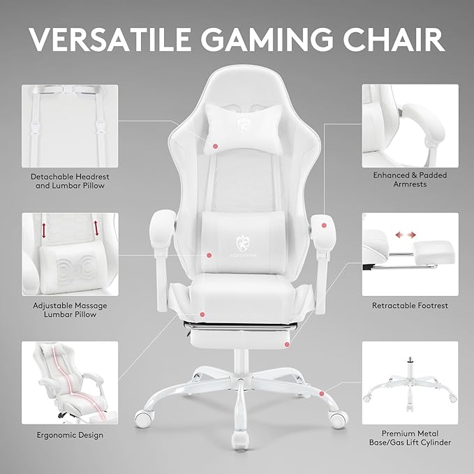 White Gaming Chair,Computer Office Chair with Footrest,Massage Lumbar Support and Gel Pad,Ergonomic Reclining Adjustable Leather Gamer Chair with Headrest and Spring Cushion White