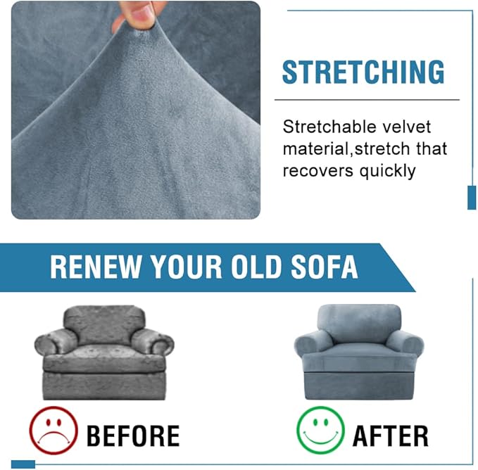 H.VERSAILTEX Sofa Cover 2 Piece T Cushion Armchair Slipcovers Thick Velvet Couch Cover Furniture Protector Stretch T Cushion Sofa Covers for 1 Cushion Couch with 1 T Cushion Covers, Stone Blue