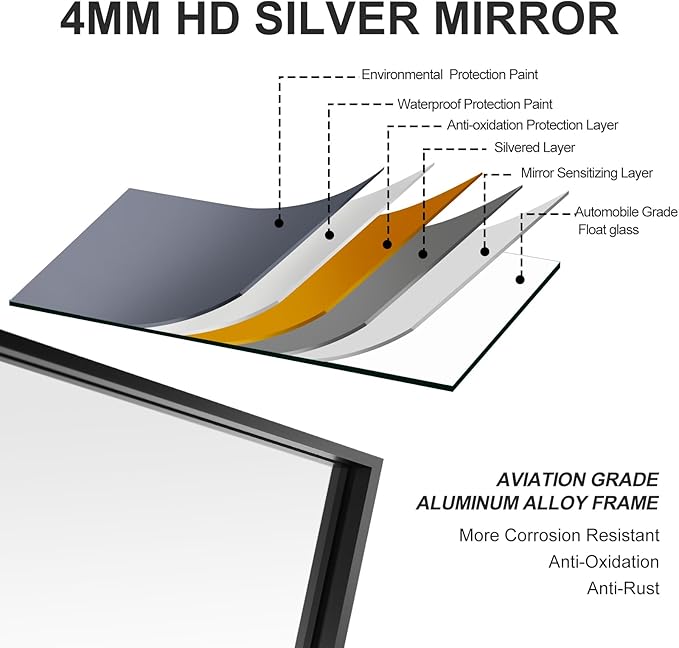 20x40 Inch Black Bathroom Mirror, Copper-Free Mirror, Aluminum Alloy Frame Vanity Mirror, Rectangle Wall Mounted Mirror for Bedroom/Living Room/Porch Horizontal or Vertical