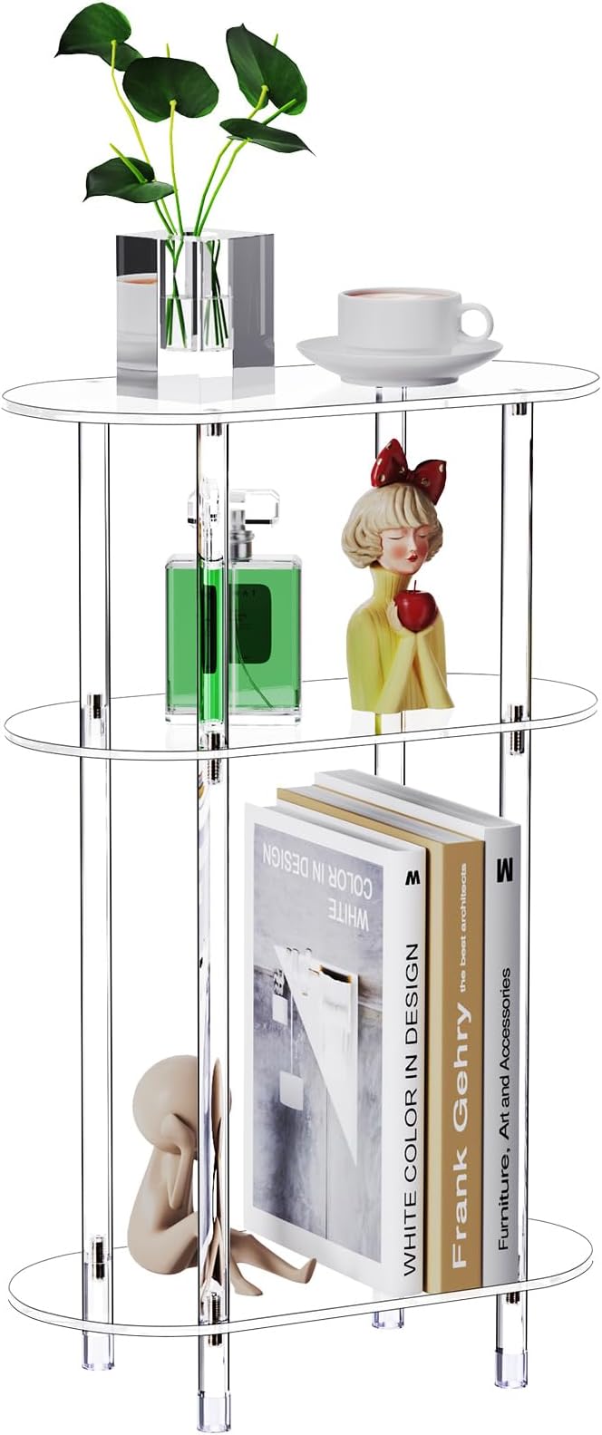 Clear Acrylic Narrow Side Table for Small Spaces, 15.75" L x 7.87" W x 24.6" H, 3 Tier Oval Slim End Table Nightstand, Small Minimalist Skinny Bedside Table for Bedroom, Bathroom, Living Room