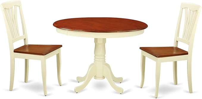 East West Furniture HLAV3-BMK-W 3 Piece Modern Dining Table Set Contains a Round Wooden Table with Pedestal and 2 Kitchen Dining Chairs, 42x42 Inch, Buttermilk & Cherry