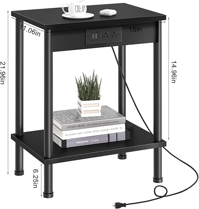 End Table with Charging Station,Small Side Table,2-Tier Nightstand with Storage Shelf,Sofa Bedside Table for Small Spaces in Living Room,Bedroom,Office,Easy Assembly,Black