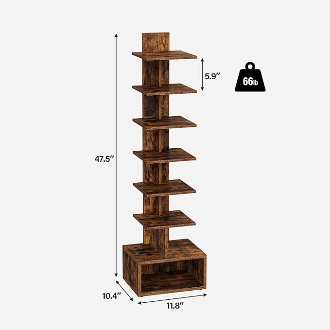 TUTOTAK Narrow Bookshelf, Vertical 8-Tier Bookcase, Spine Book Shelf for Small Space, Small Standing Shelf for Living Room, Office, Study, Entryway, Brown BS07BB008