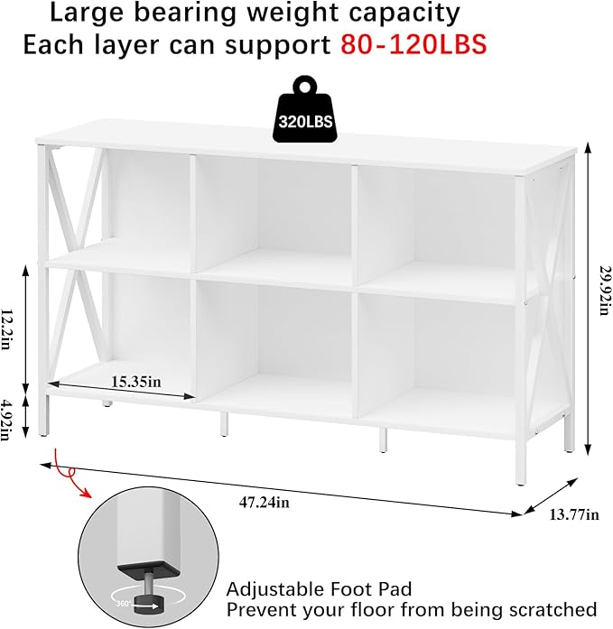 Horizontal Bookshelf Bookcase,6 Cube Storage Organizer with Open Shelf,47 Inch Industrial Low Wide Wood and Metal Cubby Shelf,Long Shelving Unit for Home Office Living Room(White,6 Cube)