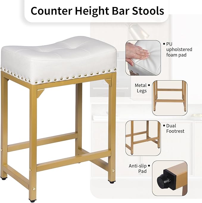 White & Gold Counter Height Bar Stools Set of 3, 24" Bar Stools for Kitchen Island, Modern Counter Stool Set of 3 Backless Saddle Barstools for Kitchen Dining Room White Gold