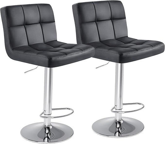 Sweetcrispy Bar Stools Set of 2, Armless PU Leather Adjustable Swivel Barstools, Hydraulic Kitchen Counter Height Thickened Seat Cushion Square Island Countertop Chairs with Back, Light Black