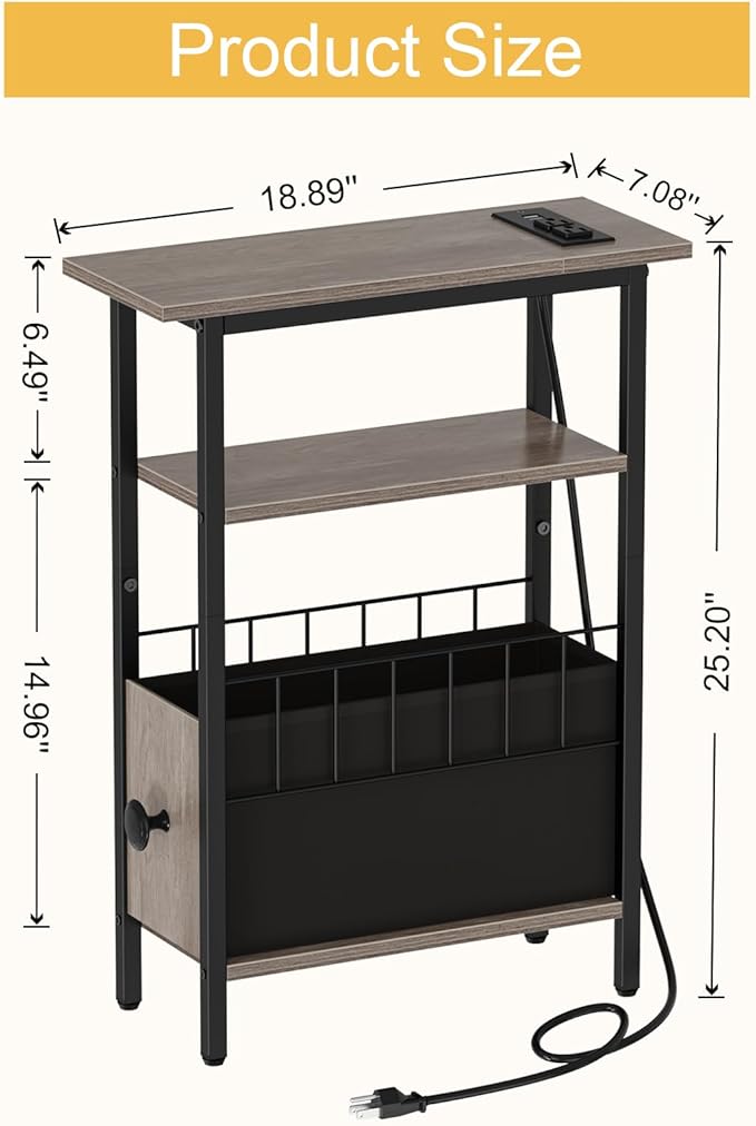 Snughome Narrow Side Table with Charging Station, Slim End Table for Small Spaces, 3 Tier Skinny Nightstand with Drawer, Sofa Beside Table with Storage Shelf for Living Room Bedroom Grey