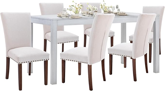 COLAMY 7-Piece Dining Table Set for 6, 60" Kitchen Wood Table with 6 Nailhead Dining Room Chairs, White/Beige