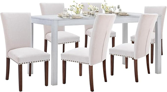 COLAMY 7-Piece Dining Table Set for 6, 60" Kitchen Wood Table with 6 Nailhead Dining Room Chairs, White/Beige