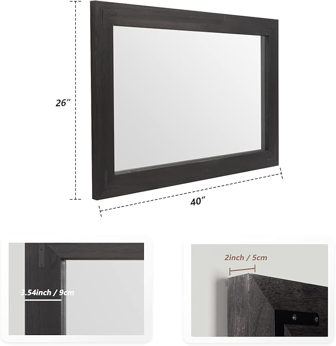 YOSHOOT Rustic Wooden Framed Wall Mirror, Natural Wood Bathroom Vanity Mirror for Farmhouse Decor, Vertical or Horizontal Hanging (40" x 26", Black)